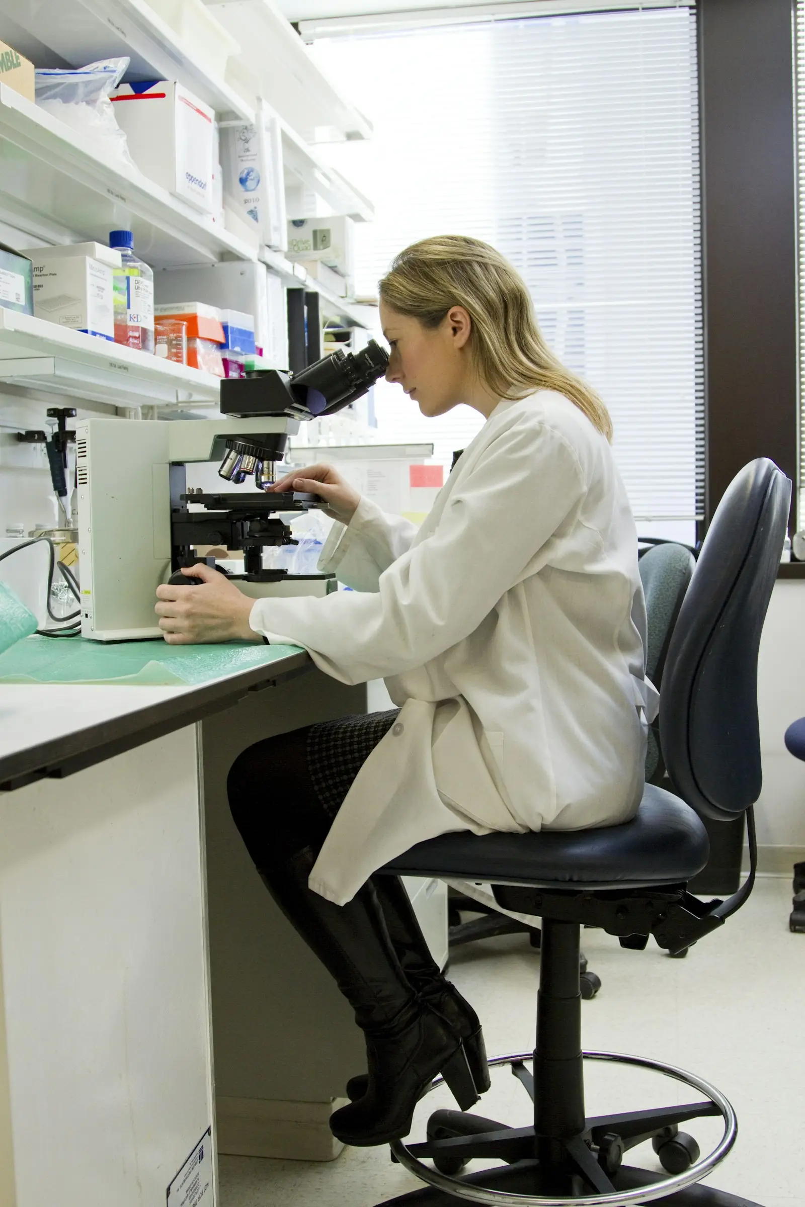 A scientist using a microscope in a laboratory