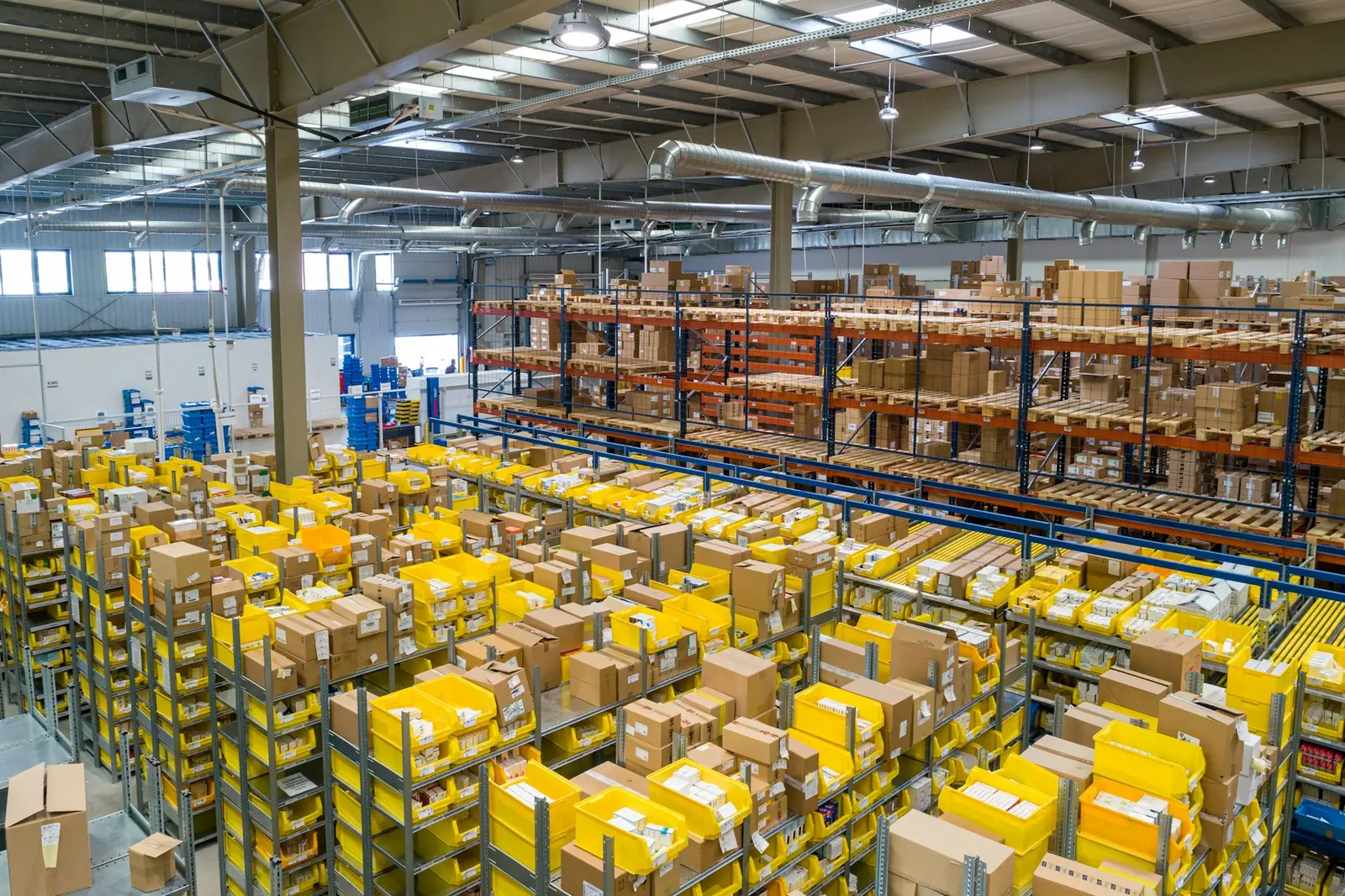 Warehouse shelves filled with cartons